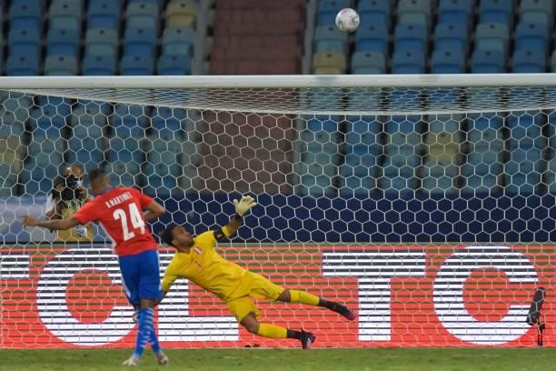 Hector Martinez of Paraguay misses his penalty kick during a shootout after a quarterfinal match between Peru and Paraguay as part of Copa America...