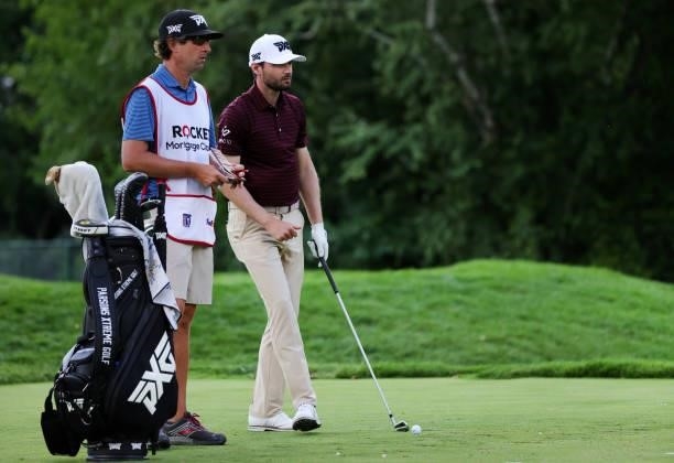 Kyle Stanley plays his shot from the ninth tee during the second round of the Rocket Mortgage Classic on July 02, 2021 at the Detroit Golf Club in...