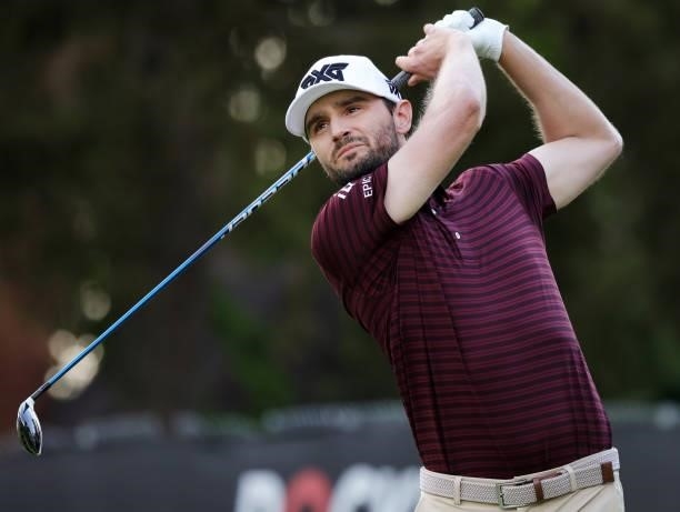 Kyle Stanley plays his shot from the eighth tee during the second round of the Rocket Mortgage Classic on July 02, 2021 at the Detroit Golf Club in...