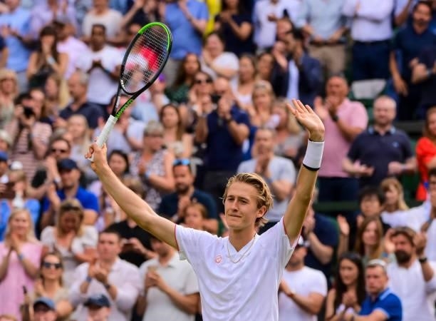 Sebastian Korda of the United States looks celebrates his victory over Dan Evans of Great Britain in the third round of the gentlemen's singles...