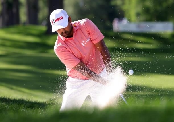 Anirban Lahiri of India plays a shot from a bunker on the eighth hole during the second round of the Rocket Mortgage Classic on July 02, 2021 at the...
