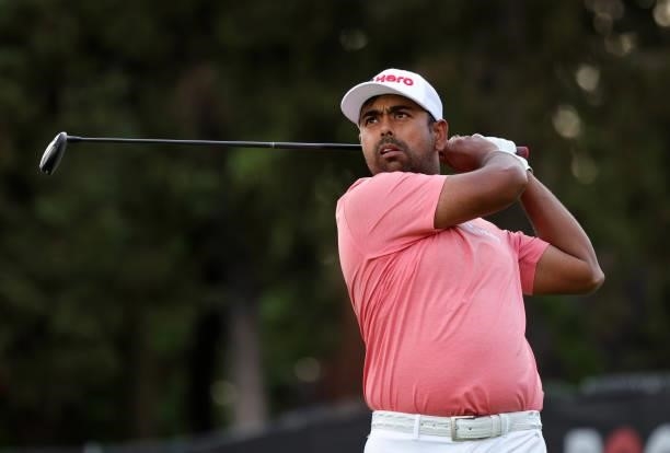 Anirban Lahiri of India plays his shot from the eighth tee during the second round of the Rocket Mortgage Classic on July 02, 2021 at the Detroit...