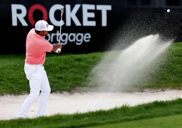 Anirban Lahiri of India plays a shot from a bunker on the seventh hole during the second round of the Rocket Mortgage Classic on July 02, 2021 at the...