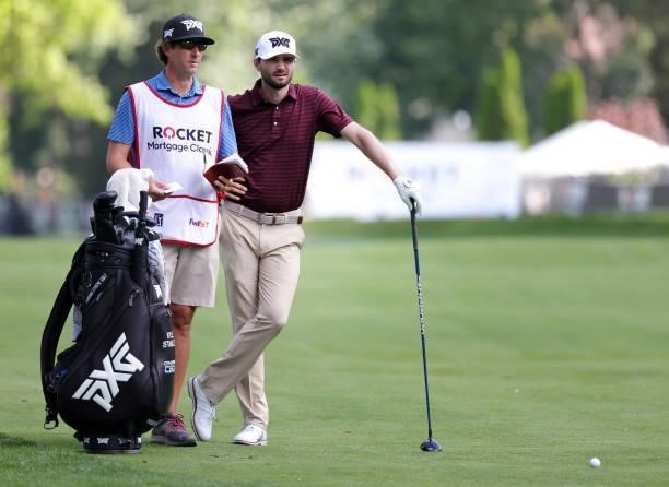Kyle Stanley plays prepares to play his shot on the seventh hole during the second round of the Rocket Mortgage Classic on July 02, 2021 at the...