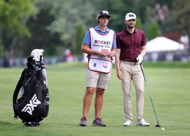 Kyle Stanley plays prepares to play his shot on the seventh hole during the second round of the Rocket Mortgage Classic on July 02, 2021 at the...