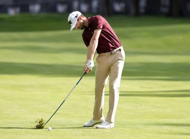 Kyle Stanley plays his shot on the seventh hole during the second round of the Rocket Mortgage Classic on July 02, 2021 at the Detroit Golf Club in...