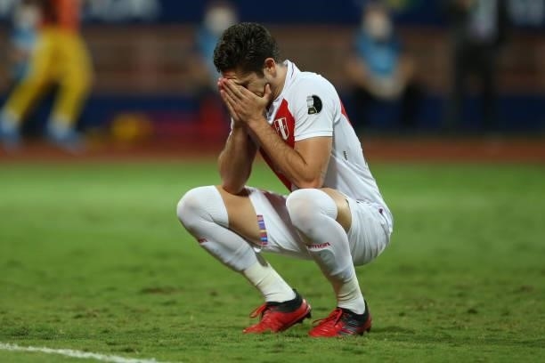 Santiago Ormeño of Peru reacts after missing his penalty kick in the shootout after a quarterfinal match between Peru and Paraguay as part of Copa...