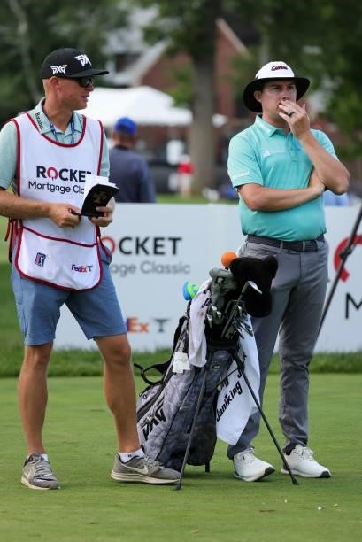 Joel Dahmen prepares to play his shot from the ninth tee during the second round of the Rocket Mortgage Classic on July 02, 2021 at the Detroit Golf...