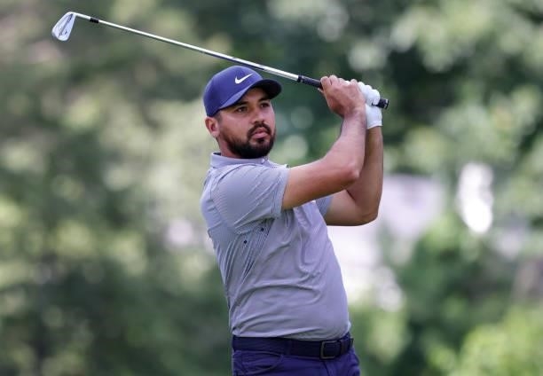 Jason Day of Australia plays his shot from the ninth tee during the second round of the Rocket Mortgage Classic on July 02, 2021 at the Detroit Golf...