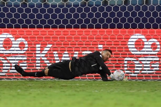Antony Silva of Paraguay makes a save in the penalty shootout after a quarterfinal match between Peru and Paraguay as part of Copa America Brazil...