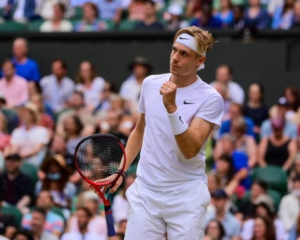 Dennis Shapovalov of Canada celebrates against Andy Murray of Great Britain in the third round of the gentlemen's singles during Day Five of The...