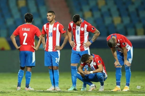 Angel Romero of Paraguay and teammates react during a penalty shootout after quarterfinal match between Peru and Paraguay as part of Copa America...