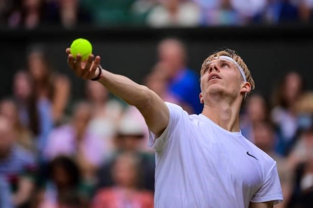 Dennis Shapovalov of Canada serves against Andy Murray of Great Britain in the third round of the gentlemen's singles during Day Five of The...