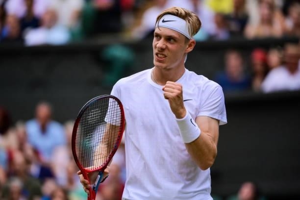 Dennis Shapovalov of Canada celebrates during his match against Andy Murray of Great Britain in the third round of the gentlemen's singles during Day...