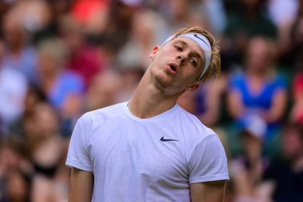 Dennis Shapovalov of Canada looks frustrated after missing a shot against Andy Murray of Great Britain in the third round of the gentlemen's singles...