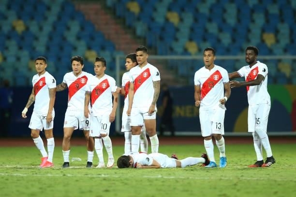 Players of Peru react as they line up in a penalty shootout after a quarterfinal match between Peru and Paraguay as part of Copa America Brazil 2021...