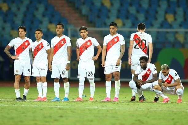 Players of Peru react as they line up in a penalty shootout after a quarterfinal match between Peru and Paraguay as part of Copa America Brazil 2021...