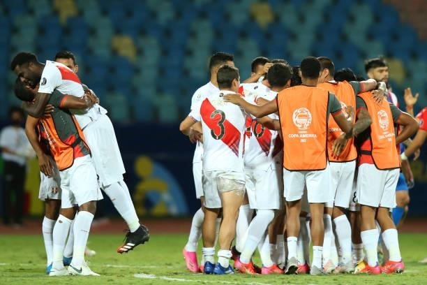 Players of Peru celebrate winning after in a penalty shootout after a quarterfinal match between Peru and Paraguay as part of Copa America Brazil...