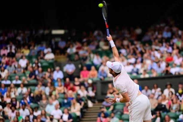 Andy Murray of Great Britain serves against Dennis Shapovalov of Canada in the third round of the gentlemen's singles during Day Five of The...
