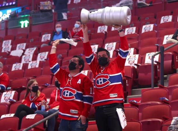 Fans await warmups prior to Game Three of the 2021 NHL Stanley Cup Final between the Tampa Bay Lightning and the Montreal Canadiens at Bell Centre on...