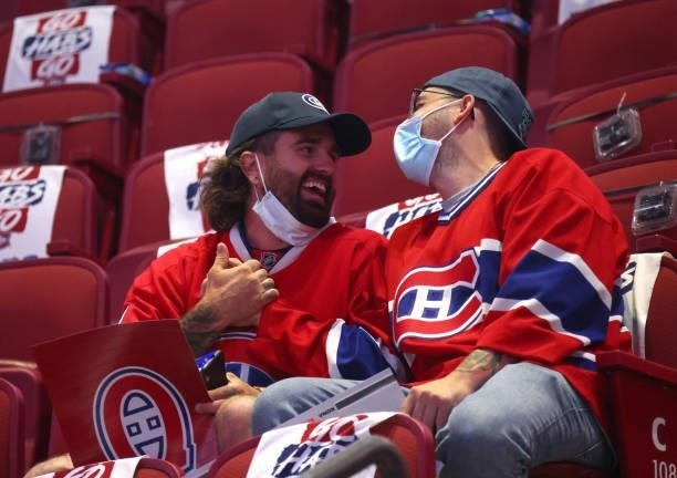 Fans await warmups prior to Game Three of the 2021 NHL Stanley Cup Final between the Tampa Bay Lightning and the Montreal Canadiens at Bell Centre on...