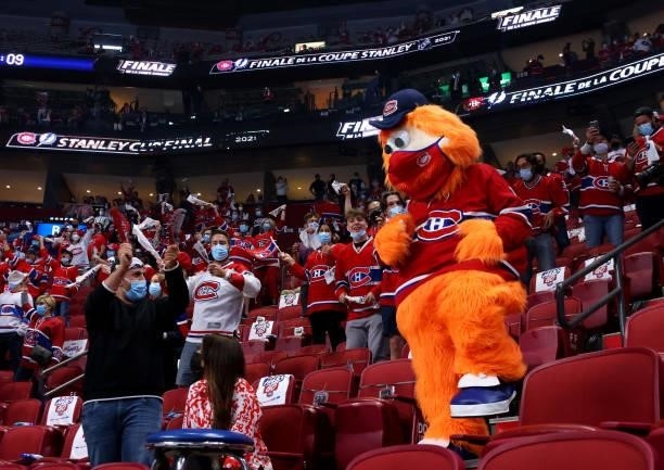 The Montreal Canadiens mascot Youppi! visits fans prior to Game Three of the 2021 NHL Stanley Cup Final against the Tampa Bay Lightning at Bell...