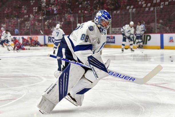 Andrei Vasilevskiy of the Tampa Bay Lightning skates in warm-ups prior to Game Three of the 2021 NHL Stanley Cup Final against the Montreal Canadiens...