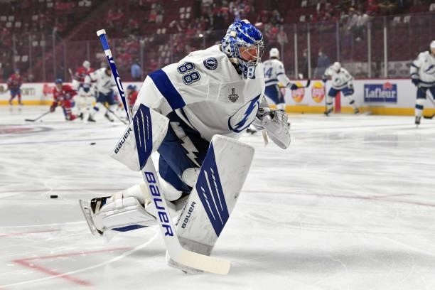 Andrei Vasilevskiy of the Tampa Bay Lightning skates in warm-ups prior to Game Three of the 2021 NHL Stanley Cup Final against the Montreal Canadiens...