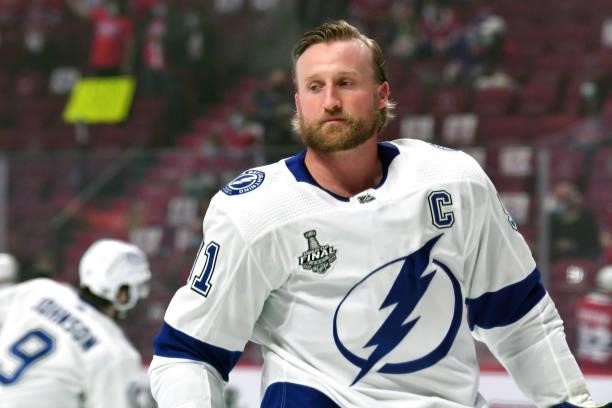Steven Stamkos of the Tampa Bay Lightning looks on before Game Three of the 2021 NHL Stanley Cup Final against the Montreal Canadiens at Bell Centre...