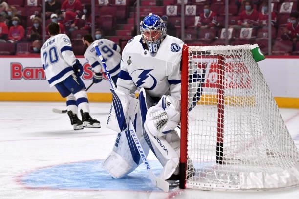 Andrei Vasilevskiy of the Tampa Bay Lightning looks on prior to Game Three of the 2021 NHL Stanley Cup Final against the Montreal Canadiens at Bell...