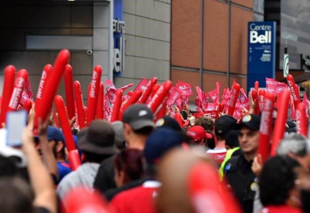 Montreal Canadiens fans gather outside of Bell Centre prior to Game Three of the 2021 NHL Stanley Cup Final against the Tampa Bay Lightning on July...