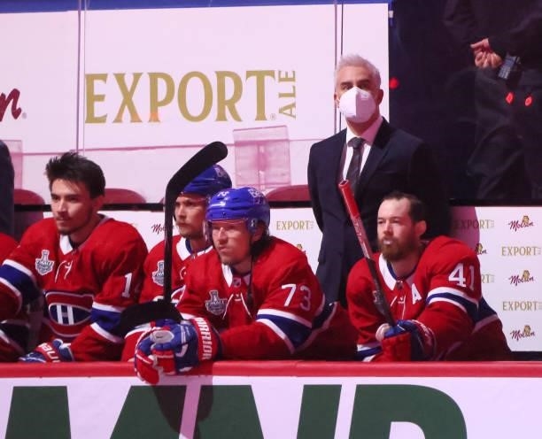 Head coach Dominique Ducharme of the Montreal Canadiens looks on in the first period of Game Three of the 2021 NHL Stanley Cup Final against the...
