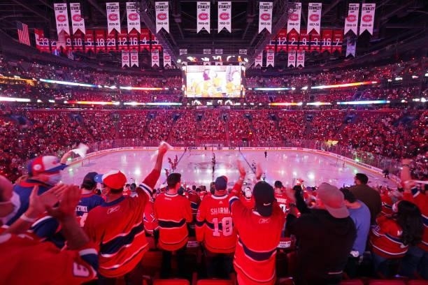 Fans cheer prior to Game Three of the 2021 NHL Stanley Cup Final between the Tampa Bay Lightning and the Montreal Canadiens at Bell Centre on July...
