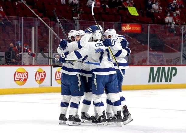 The Tampa Bay Lightning celebrate a power play goal by Victor Hedman during the first period of Game Three of the 2021 Stanley Cup Final against the...