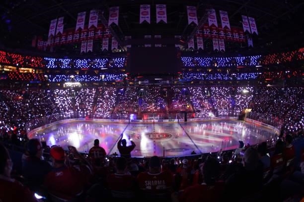 Fans cheer prior to Game Three of the 2021 NHL Stanley Cup Final between the Tampa Bay Lightning and the Montreal Canadiens at Bell Centre on July...