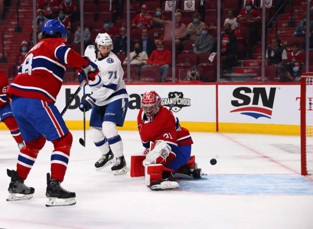 Goal hit by Victor Hedman of the Tampa Bay Lightning flies past Carey Price of the Montreal Canadiens in the first period of Game Three of the 2021...