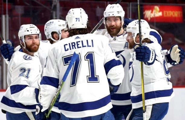 Victor Hedman of the Tampa Bay Lightning celebrates his power play goal against Montreal Canadiens with teammates during the first period of Game...