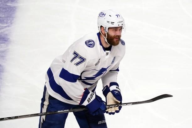 Victor Hedman of the Tampa Bay Lightning celebrates after scoring a goal against the Montreal Canadiens during the first period in Game Three of the...