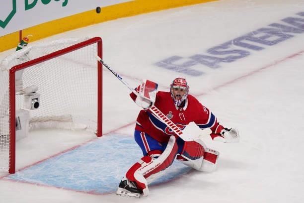 Carey Price of the Montreal Canadiens watches a puck fly during the first period in Game Three of the 2021 NHL Stanley Cup Final against the Tampa...
