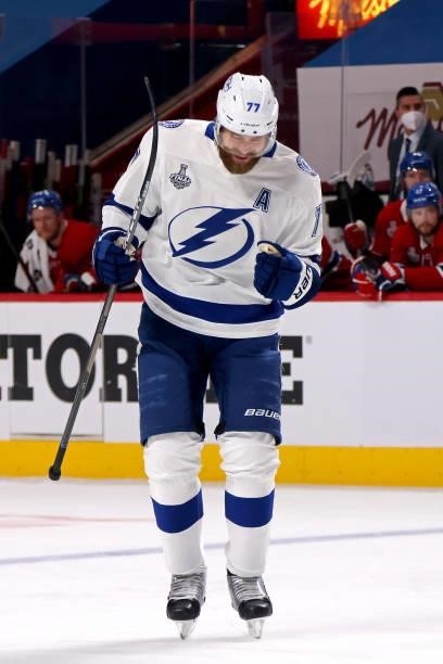 Victor Hedman of the Tampa Bay Lightning reacts after scoring against Carey Price of the Montreal Canadiens in the first period of Game Three of the...
