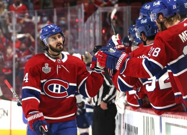 Phillip Danault of the Montreal Canadiens celebrates his goal with teammates during the first period of Game Three of the 2021 Stanley Cup Final...