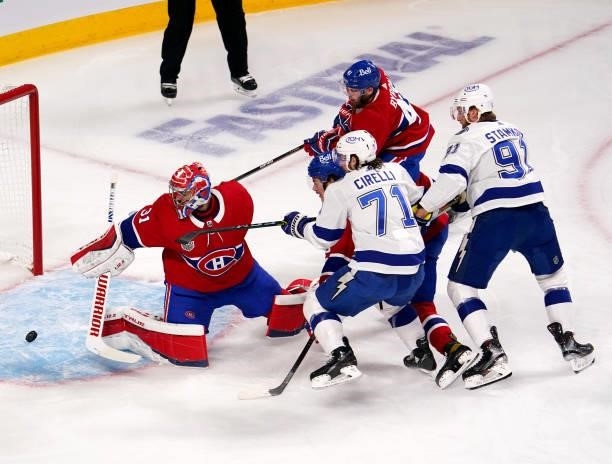 Goal hit by Victor Hedman of the Tampa Bay Lightning gets by Carey Price of the Montreal Canadiens during the first period in Game Three of the 2021...