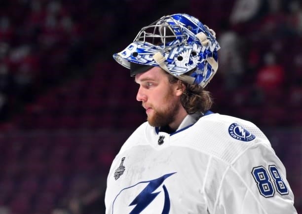 Andrei Vasilevskiy of the Tampa Bay Lightning looks on against the Montreal Canadiens during the first period in Game Three of the 2021 NHL Stanley...