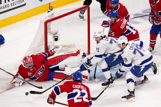 Carey Price of the Montreal Canadiens tends goal as Anthony Cirelli of the Tampa Bay Lightning attempts to shoot during the first period in Game...