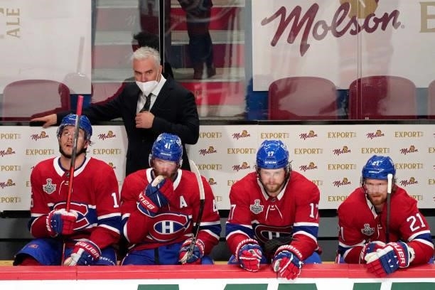 Head coach Dominique Ducharme of the Montreal Canadiens reacts against the Tampa Bay Lightning during the first period in Game Three of the 2021 NHL...
