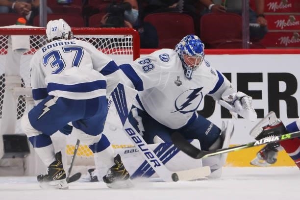 Andrei Vasilevskiy of the Tampa Bay Lightning makes the save against the Montreal Canadiens during the first period in Game Three of the 2021 NHL...