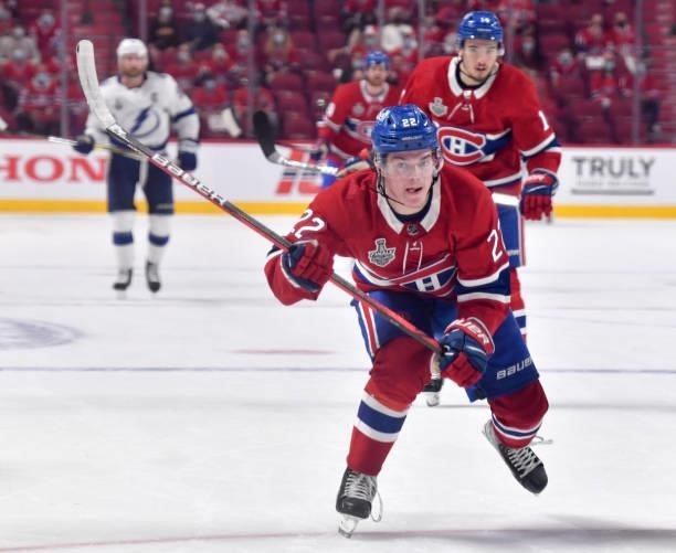 Cole Caufield of the Montreal Canadiens skates during the first period in Game Three of the 2021 NHL Stanley Cup Final against the Tampa Bay...