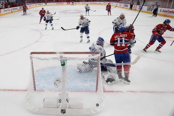 Goal hit by Phillip Danault of the Montreal Canadiens gets past Andrei Vasilevskiy of the Tampa Bay Lightning during the first period in Game Three...