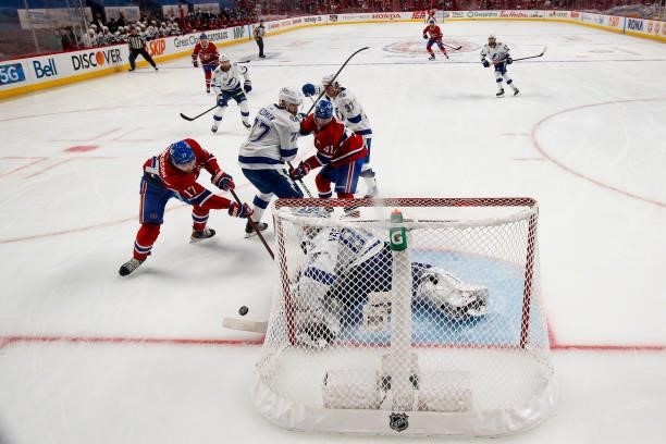 Andrei Vasilevskiy of the Tampa Bay Lightning blocks a shot on goal by Josh Anderson of the Montreal Canadiens during the first period in Game Three...