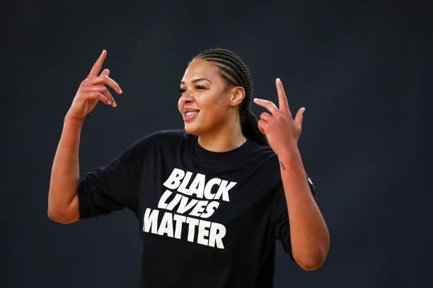 Center Liz Cambage of the Las Vegas Aces reacts during warm ups before the game against the Los Angeles Sparks at Los Angeles Convention Center on...